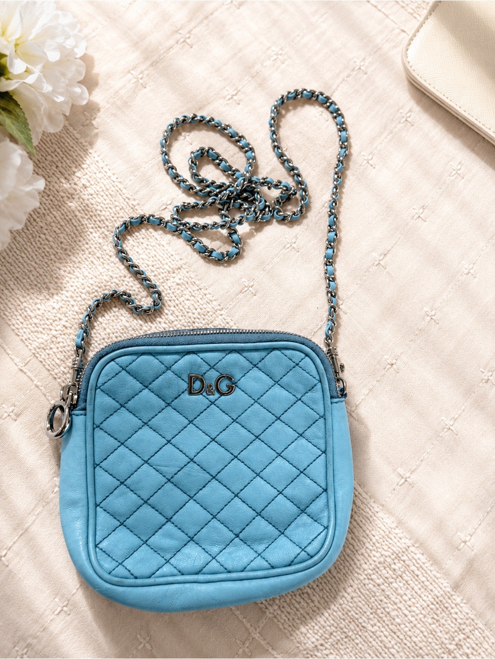 D & G Turquoise Blue Quilted Crossbody Bag
with Chain Strap